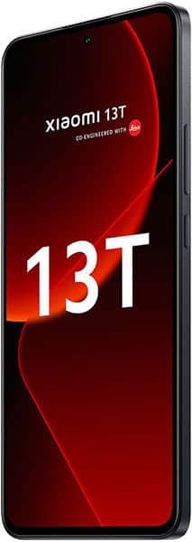 Xiaomi 13T smartphone front view displaying home screen with red wallpaper and model name
