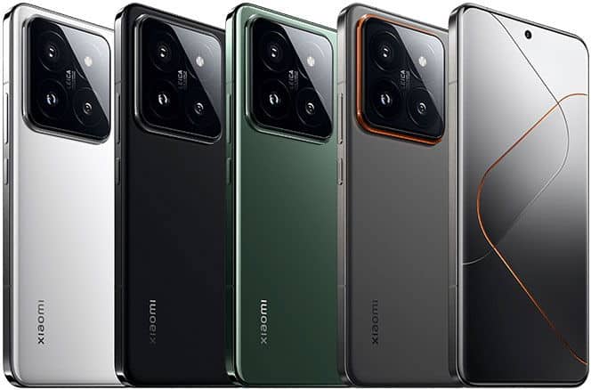 Xiaomi 14 Pro rear view in five color options: white, black, green, gray, and white with orange accents
