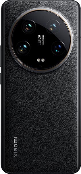 Rear view of black Xiaomi 14 Ultra showing textured back, circular triple-lens LEICA camera, and Xiaomi logo in lower corner.