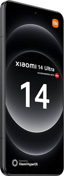 Black Xiaomi 14 Ultra smartphone at front-side angle; screen shows "Xiaomi 14 Ultra" with Leica and HyperOS branding.