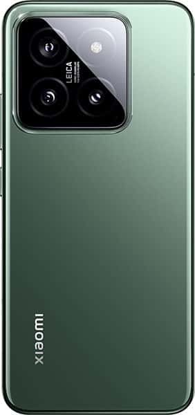 Xiaomi 14 rear view, green finish with triple camera setup and Leica branding on black camera module