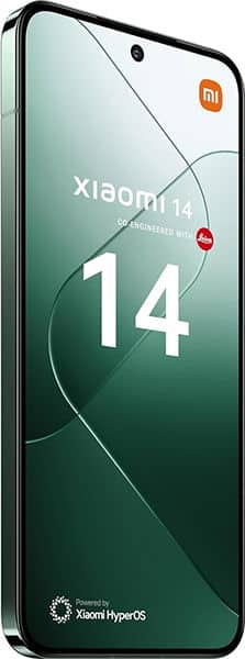 Xiaomi 14 front view, displaying green gradient screen with large "14" and Xiaomi branding, curved edges, and camera cutout