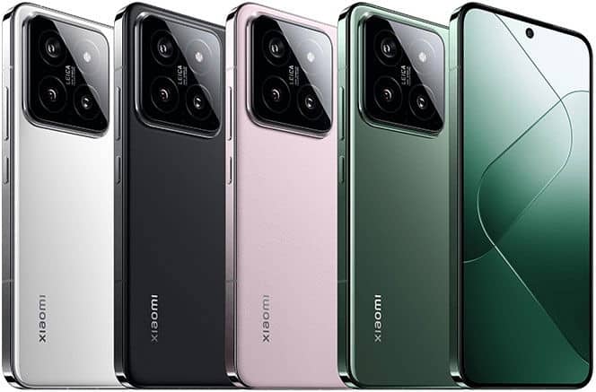 Xiaomi 14 in five color variants shown from front and rear angles: white, black, pink, green, and green with gradient display