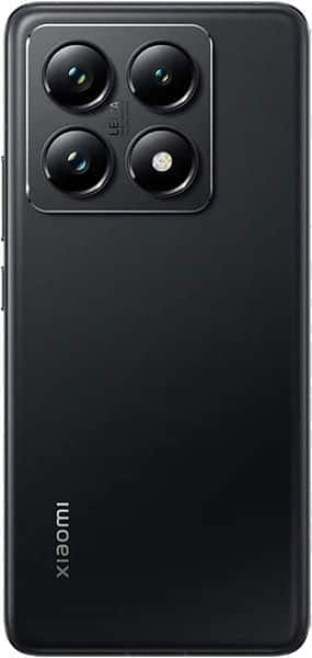 Rear view of black Xiaomi 14T Pro showing quad cameras in top left square and vertical Xiaomi logo near bottom left.
