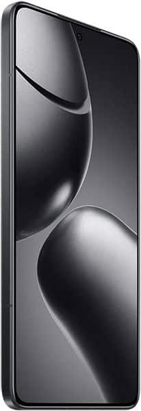 Xiaomi 14T Pro in black at an angled side view, screen on with abstract black and gray design, no front buttons visible.