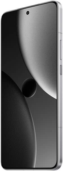 Xiaomi 15 Ultra front view, displaying curved screen with camera cutout and silver frame against black background