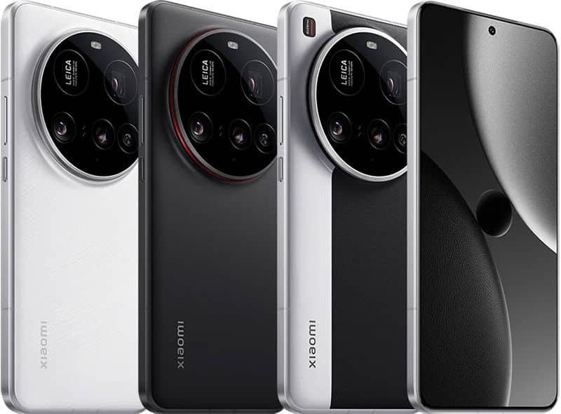 Xiaomi 15 Ultra in four color variants shown from rear, displaying circular camera module with multiple lenses and Leica branding