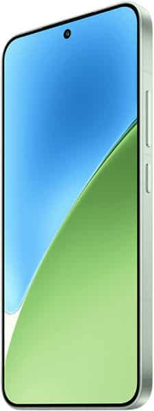 Front view of Xiaomi 15 showing thin bezels, centered front camera, flat edges, side buttons, and a blue-green display background.