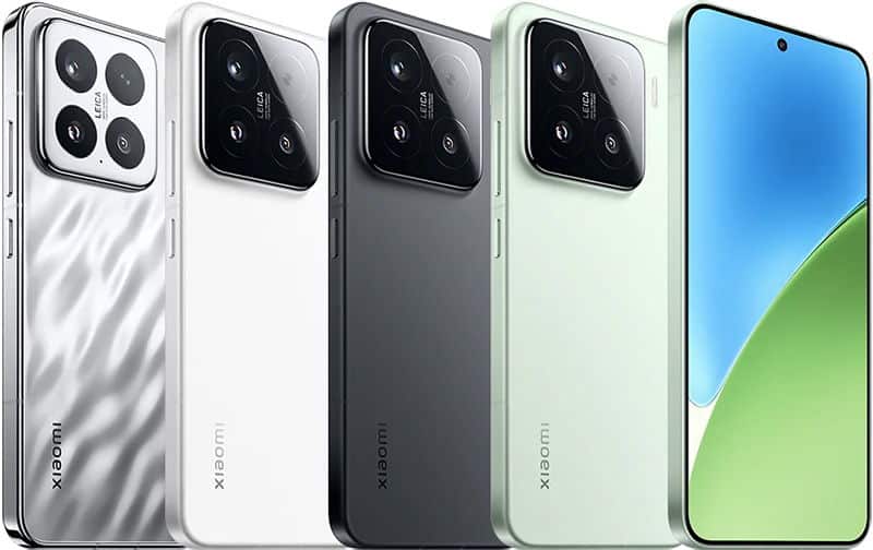 Xiaomi 15 phones in silver, black, green, and white shown rear and front; rightmost displays front with hole-punch camera.
