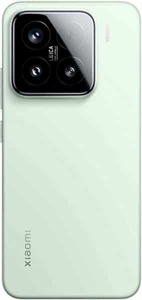 Rear view of mint green Xiaomi 15 shows triple-lens Leica camera module and Xiaomi logo near bottom left.
