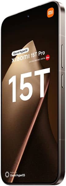 Xiaomi 15T Pro smartphone front view, displaying "15T" on screen with Xiaomi logo at top