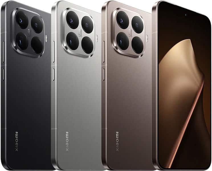 Xiaomi 15T Pro rear view, shown in four color variants: black, silver, taupe, and brown, displaying the quad camera setup and Xiaomi branding