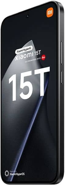 Xiaomi 15T smartphone front view, displaying "15T" on screen with Xiaomi logo visible at top
