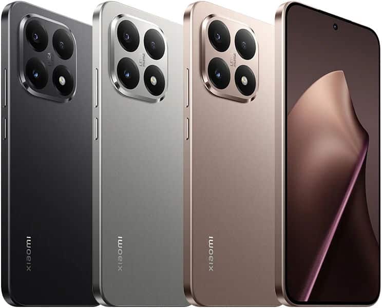 Xiaomi 15T in four color variants shown front and rear: black, silver, beige, and brown, displaying quad camera system and display