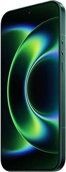 Xiaomi 17 Ultra phone displayed front-on, showing glowing green and blue swirl pattern on dark screen