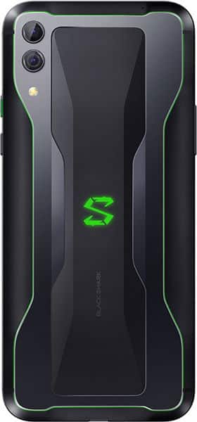 Xiaomi Black Shark 2 rear view with dual camera, green accents, and illuminated logo on dark background