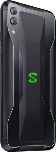 Xiaomi Black Shark 2 rear view, showing dual cameras, black body with green accents and logo, portrait orientation
