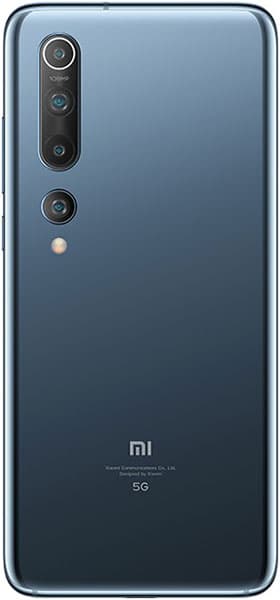 Xiaomi Mi 10 5G rear view, showing quad camera array and "mi" branding on blue-gray back panel