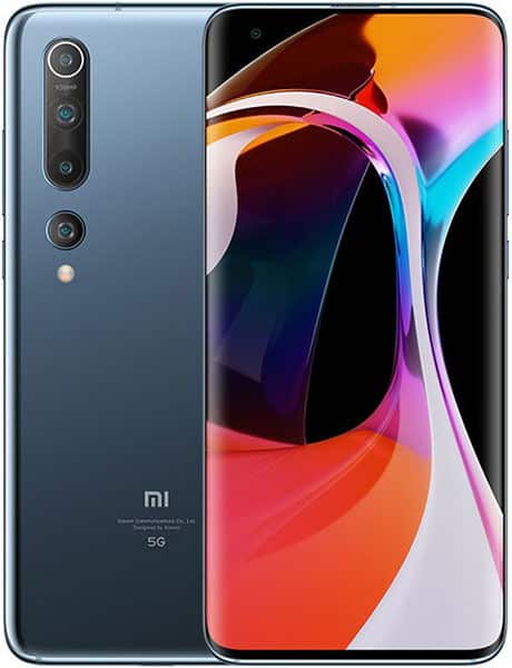 Xiaomi Mi 10 5G rear and front view, showing quad camera setup on slate blue back and colorful gradient display