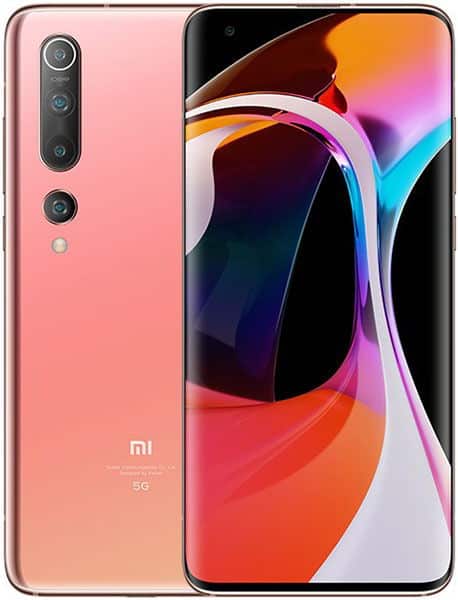 Xiaomi Mi 10 5G front and rear view, coral pink finish with triple rear cameras and colorful gradient display showing abstract art