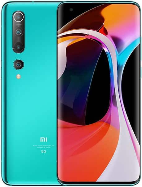 Xiaomi Mi 10 5G front and back view, turquoise body with triple rear cameras and colorful gradient display screen