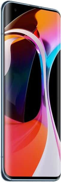 Xiaomi Mi 10 5G front view, displaying colorful abstract wallpaper with vibrant orange, pink, and blue gradients on screen