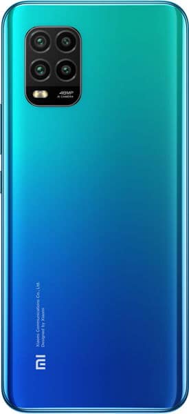 Xiaomi Mi 10 Lite rear view, turquoise to blue gradient back with quad camera array and Xiaomi logo