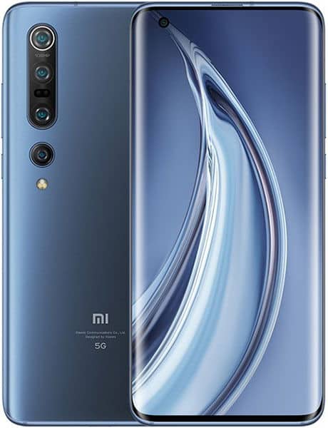 Xiaomi Mi 10 Pro 5G front view, displaying curved display with abstract blue design and rear camera array on left edge