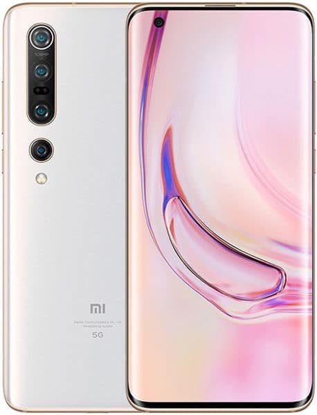 Xiaomi Mi 10 Pro 5G front and rear view, white finish with quad camera setup and pink gradient display