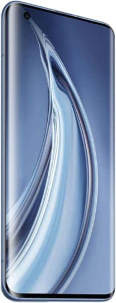 Xiaomi Mi 10 Pro 5G front view with display showing blue curved wave design wallpaper