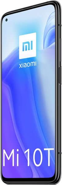 Xiaomi Mi 10T front view, screen displaying Mi logo and Xiaomi branding on blue gradient background