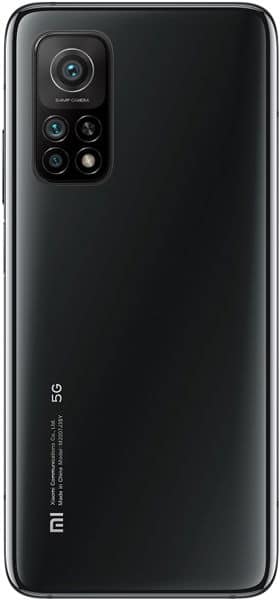 Xiaomi Mi 10T rear view, showing quad camera setup and "5G" label on black back panel