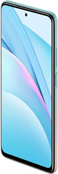 Xiaomi Mi 10T Lite front view, displaying blue and pink gradient wallpaper on screen with waterdrop notch and curved edges