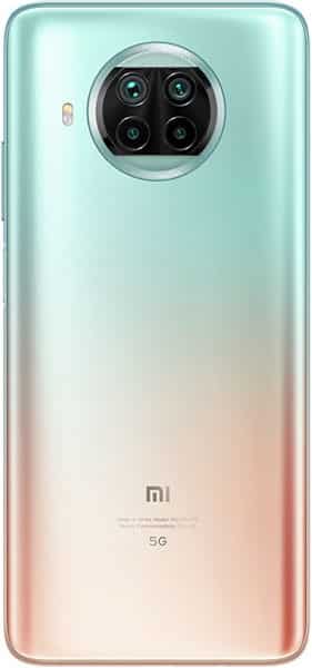 Xiaomi Mi 10T Lite rear view, gradient mint to pink finish, quad camera setup with circular lens module, 5G label visible