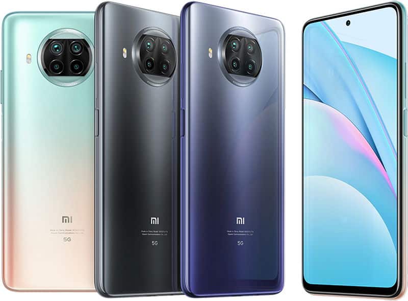 Xiaomi Mi 10T Lite in three color variants shown from rear, with quad camera setup visible, plus front view displaying blue gradient screen