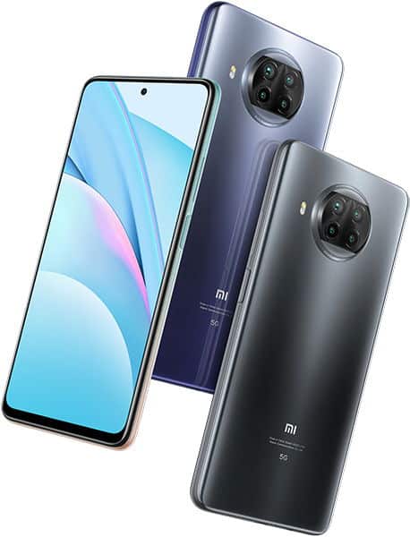 Xiaomi Mi 10T Lite shown from front and rear angles in blue and black, displaying the display screen and quad camera setup