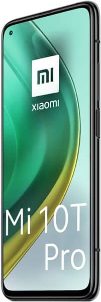 Xiaomi Mi 10T Pro smartphone displayed front-on, showing green and yellow gradient wallpaper with Xiaomi logo on screen