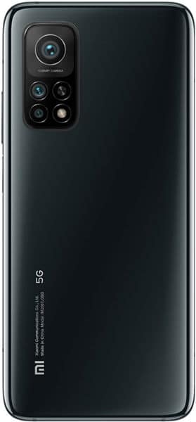 Xiaomi Mi 10T Pro rear view, black finish, showing quad camera setup and 5G branding
