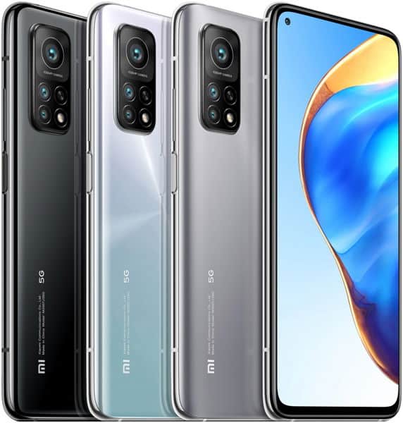 Xiaomi Mi 10T Pro in black, white, and gray color variants shown from rear and front angles, displaying quad camera setup and display screen
