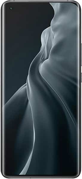 Front view of Xiaomi Mi 11 showing large edge-to-edge display, thin bezels, abstract gray and black screen, no front buttons.