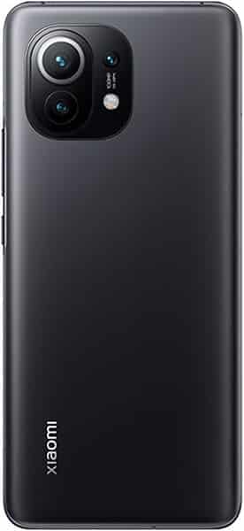Rear view of black Xiaomi Mi 11 with triple rear cameras in top left and Xiaomi logo near lower left.