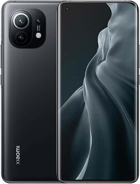 Xiaomi Mi 11 in black shown front and rear: triple-lens camera on back, large thin-bezel display with top-left hole-punch camera.
