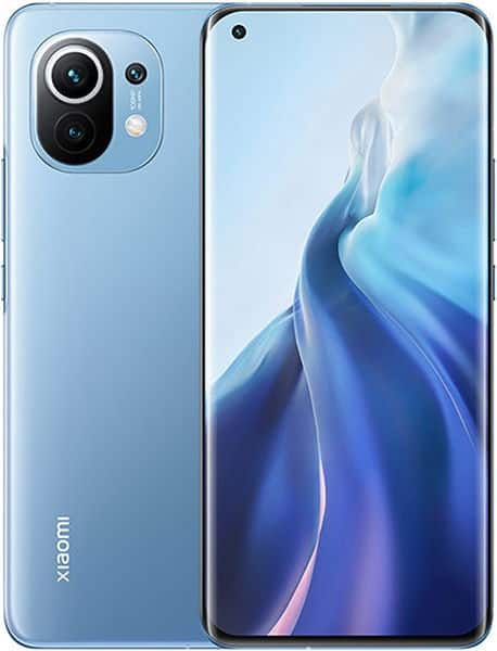 Blue Xiaomi Mi 11 shown front and rear; rear with triple-lens circular camera, front has blue wallpaper and top-left camera cutout.