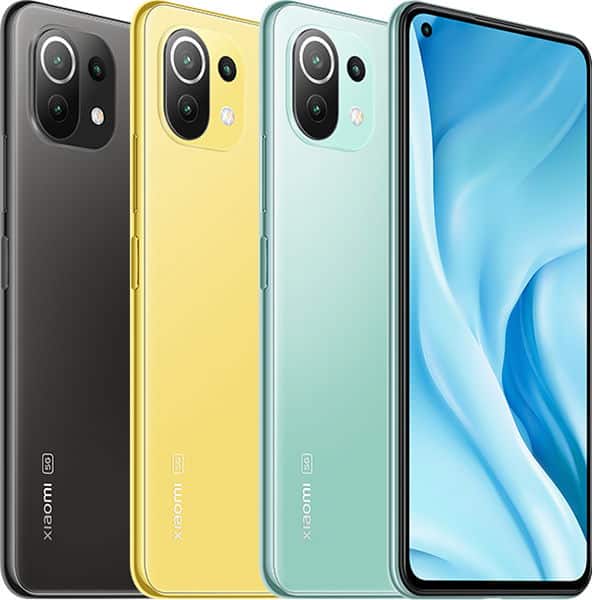 Xiaomi Mi 11 Lite 5G in black, yellow, mint green, and dark gray, shown from rear and front angles displaying triple camera setup and blue display