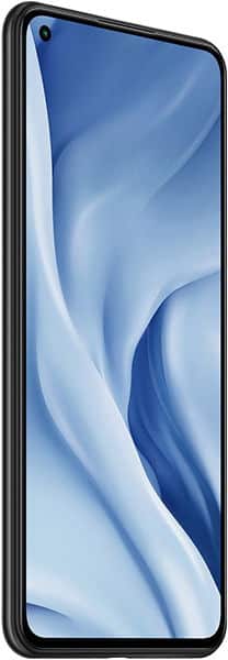 Xiaomi Mi 11 Lite 5G front view with blue abstract wallpaper on display and punch-hole camera in top left corner
