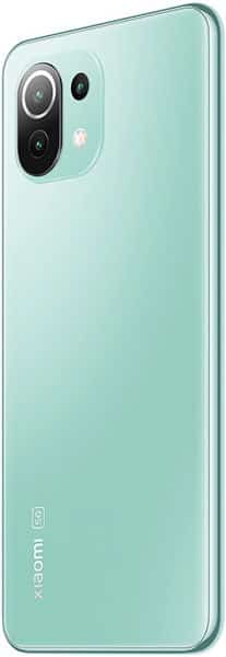 Xiaomi Mi 11 Lite 5G rear view, mint green finish with dual camera module and "Xiaomi" branding on back
