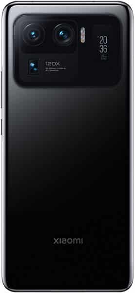 Xiaomi Mi 11 Ultra rear view, showing black finish with prominent camera module featuring multiple lenses and 120X zoom branding