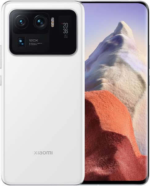 Xiaomi Mi 11 Ultra rear view, white finish, with dual camera setup and mountain landscape displayed on screen