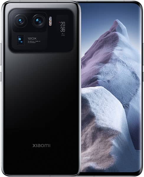 Xiaomi Mi 11 Ultra rear view, black, showing triple camera system with 120X zoom label and display screen with mountain landscape image