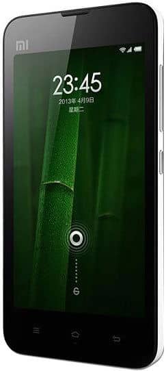 Xiaomi Mi-2A front view, black smartphone with green lock screen displaying time and date